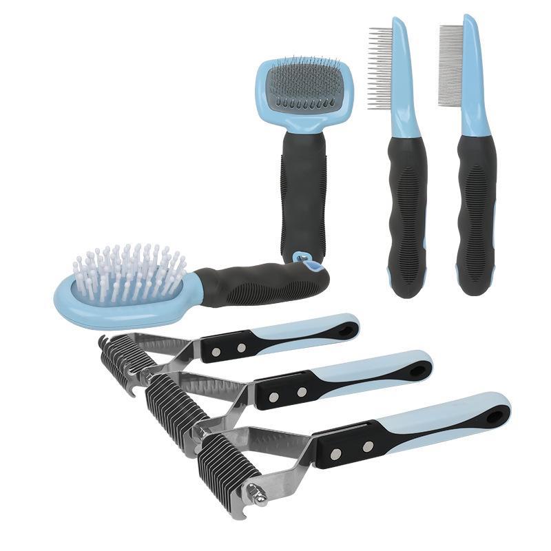 Pet Products Blue & Black Series: Massage Brush, Hair Detangling Comb, Rake Comb, Flea Comb.