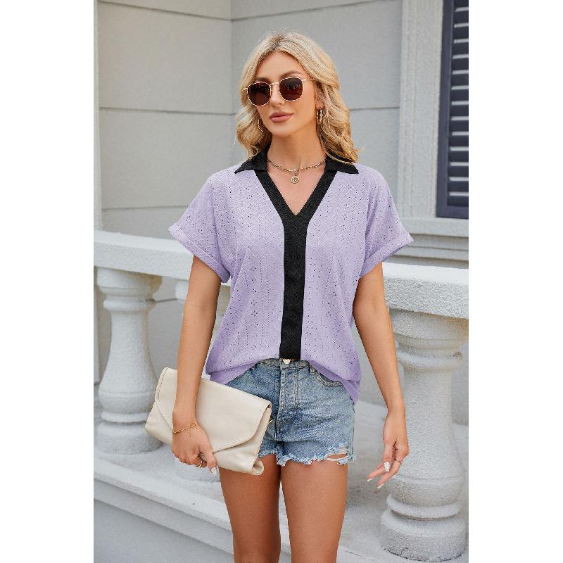 2026 Spring/Summer New V-neck Contrast Color Short Sleeve Loose T-shirt Women's Casual Top