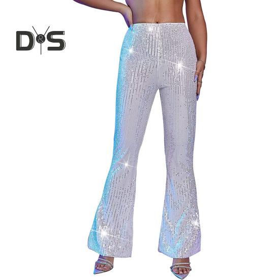Women High Waist Sparkling Pants Wide Leg Flared Trousers Sequin Bling Party Slacks Glitter Night Out Pants Clubwear