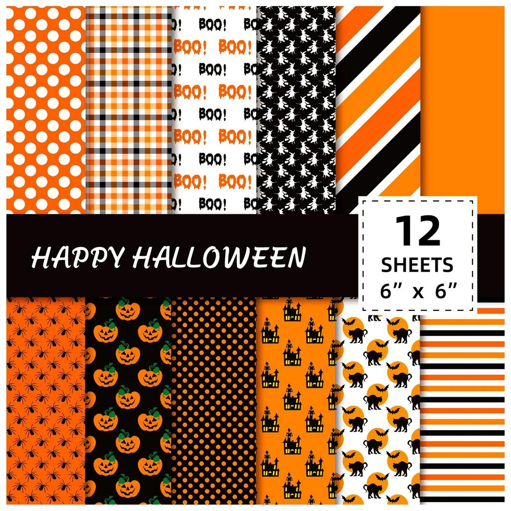 12pcs/pack Halloween Gift Wrapping Paper Ghost Pumpkin Skeleton Decorative Paper DIY Card Making Background Paper