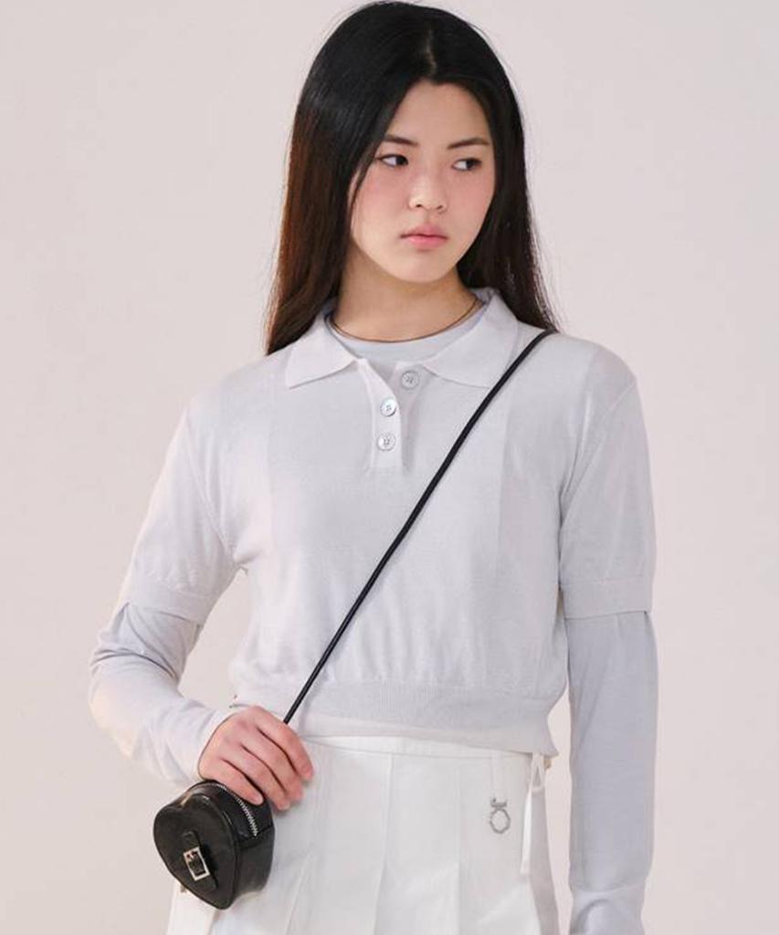 COVERNAT WOMAN Sheer Collar Crop Half Knit Light Gray