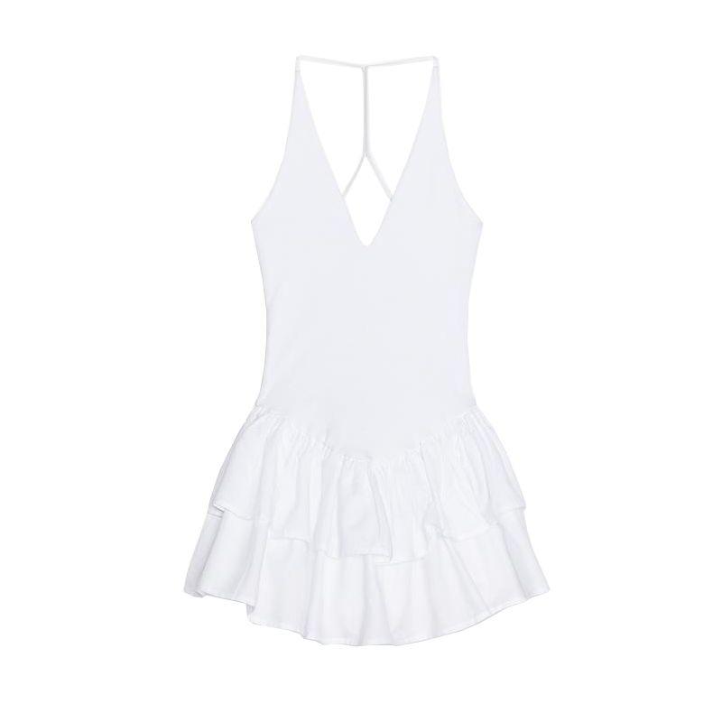 Spring and Summer Women Clothes Laminated Decorative Hem Patchwork Hanging Collar Fashion Sleeveless Short Dress 4174376