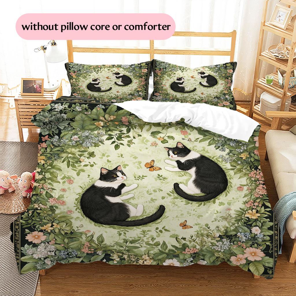 Beautiful Cow Cat Pattern Bedding Home Decoration Birthday Gift (1 * duvet cover + 2 * pillowcase, without core)