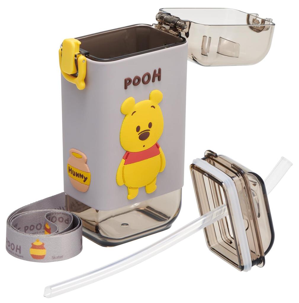 Skater Square Straw with Cover and Shoulder Disney Winnie the Pooh Bottle, Medium, 450ml, One-Push Opening, Strap, Design, PSQ5ST-A