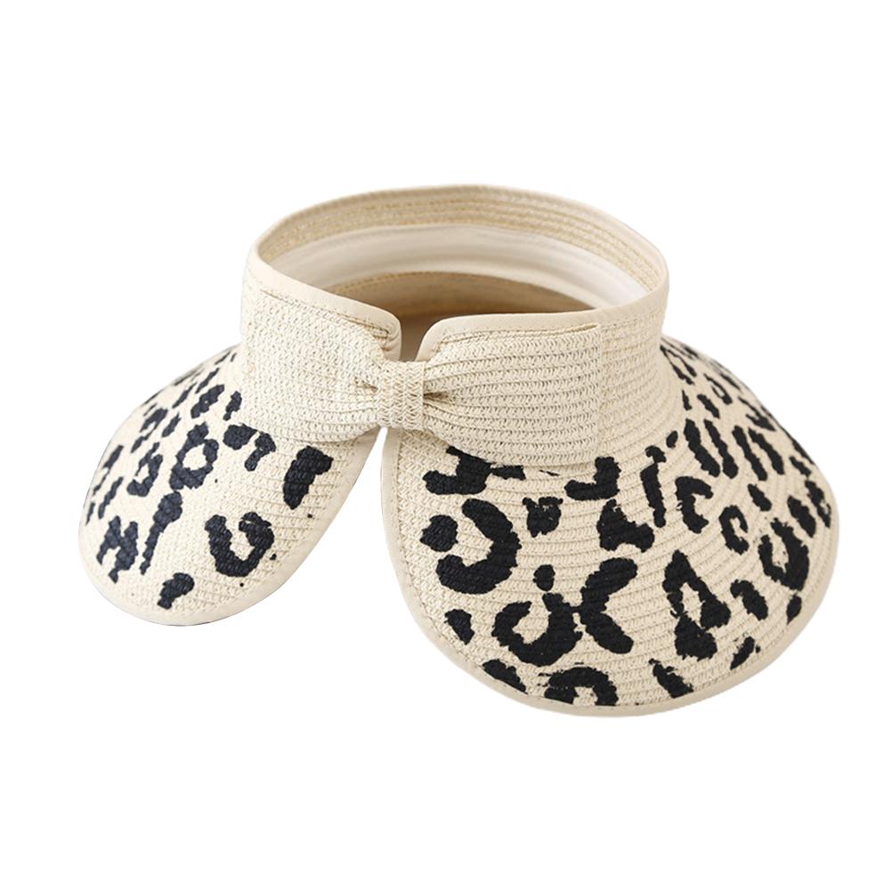 Соломенные шляпы с леопардовым принтом и бантом, широкополые, с защитой от УФ-лучей, шляпа-козырек от солнца, складные, с открытым верхом, шляпы от солнца для хвостика