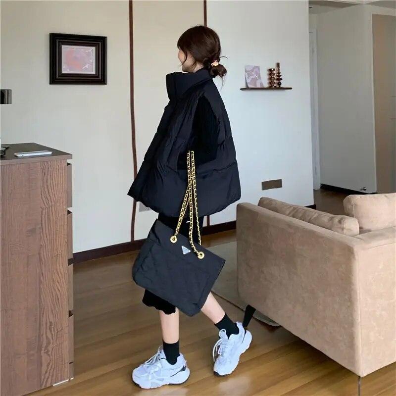 Черный утолщенный теплый жилет, женский пуховый хлопковый пальто, кардиган на молнии, повседневный свободный воротник-стойка, Harajuku, офисная леди, новая мода