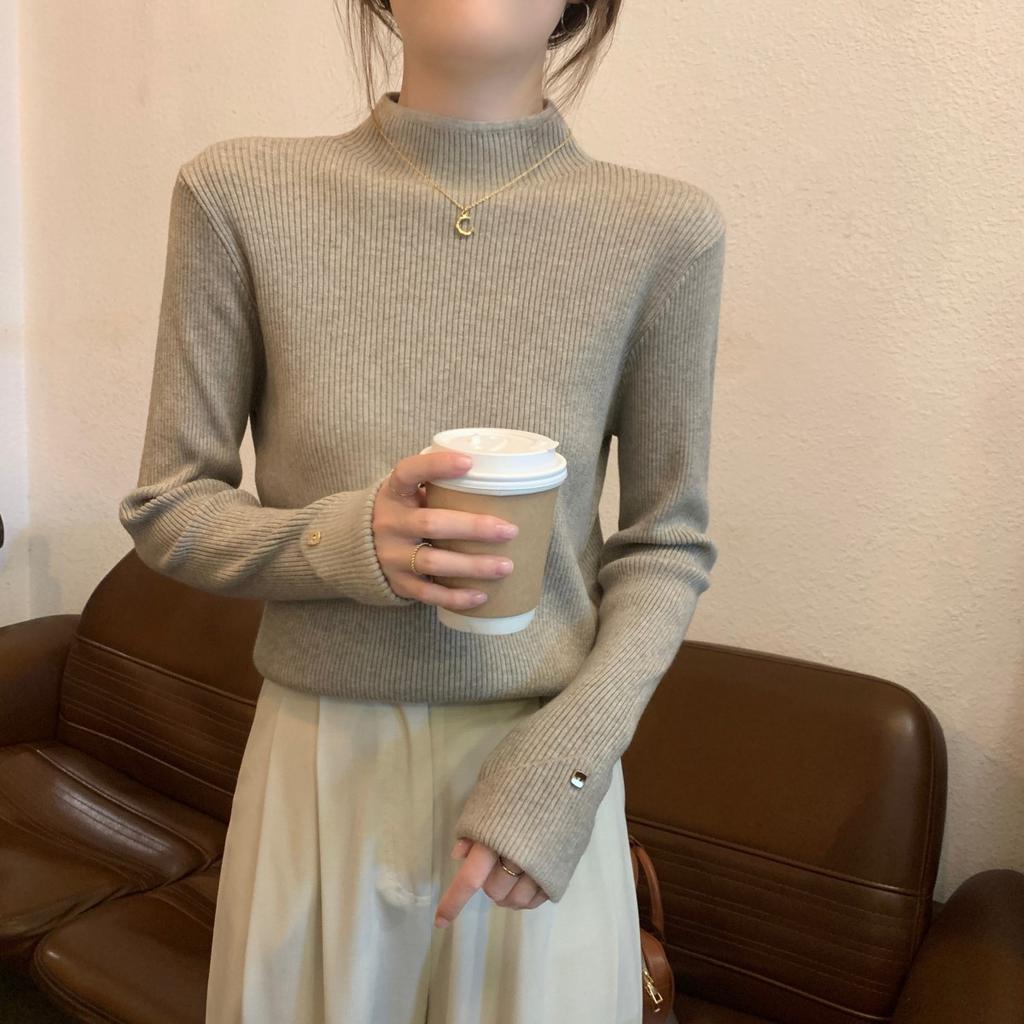Кофейного цвета полувысокий ворот вязаный базовый свитер для женщин осень и зима тонкий внутренний свитер верх
