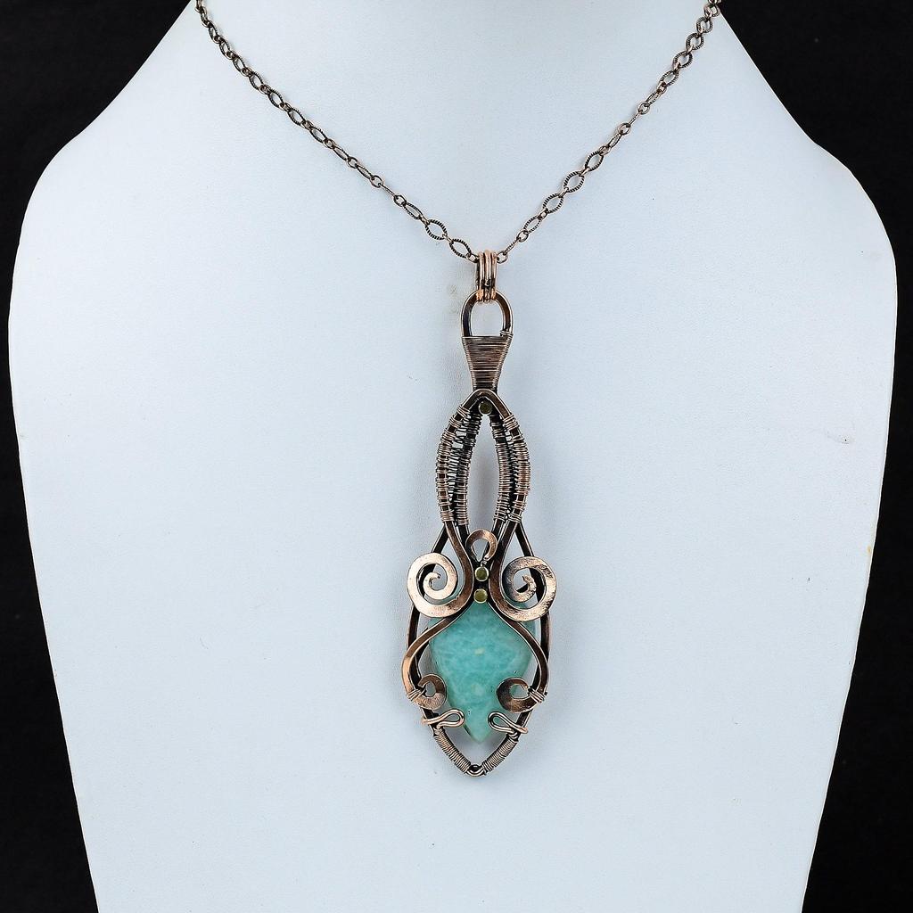 Амазонитовый драгоценный камень, чистая медная проволока, обернутая подвеской ручной работы, ювелирное изделие для нее