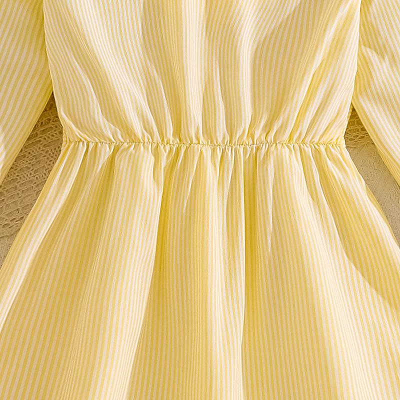 Elegant Striped V-Neck Lace Dress for Big Kids - Autumn European & American Style