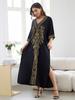 EDOLYNSA 2024 Vintage Plus Size Kaftan Ethnic Gold Embroidery Beach Dress Vacation Swimsuit Cover Up For Women Cozy V-neck Side Split House Robe