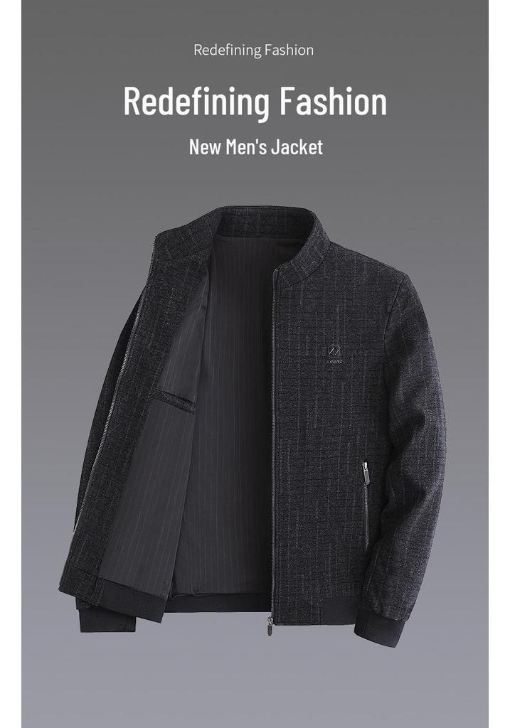 Мужская клетчатая куртка в стиле business casual с воротником-стойкой - Плотная весенне-осенняя мода для среднего и пожилого возраста