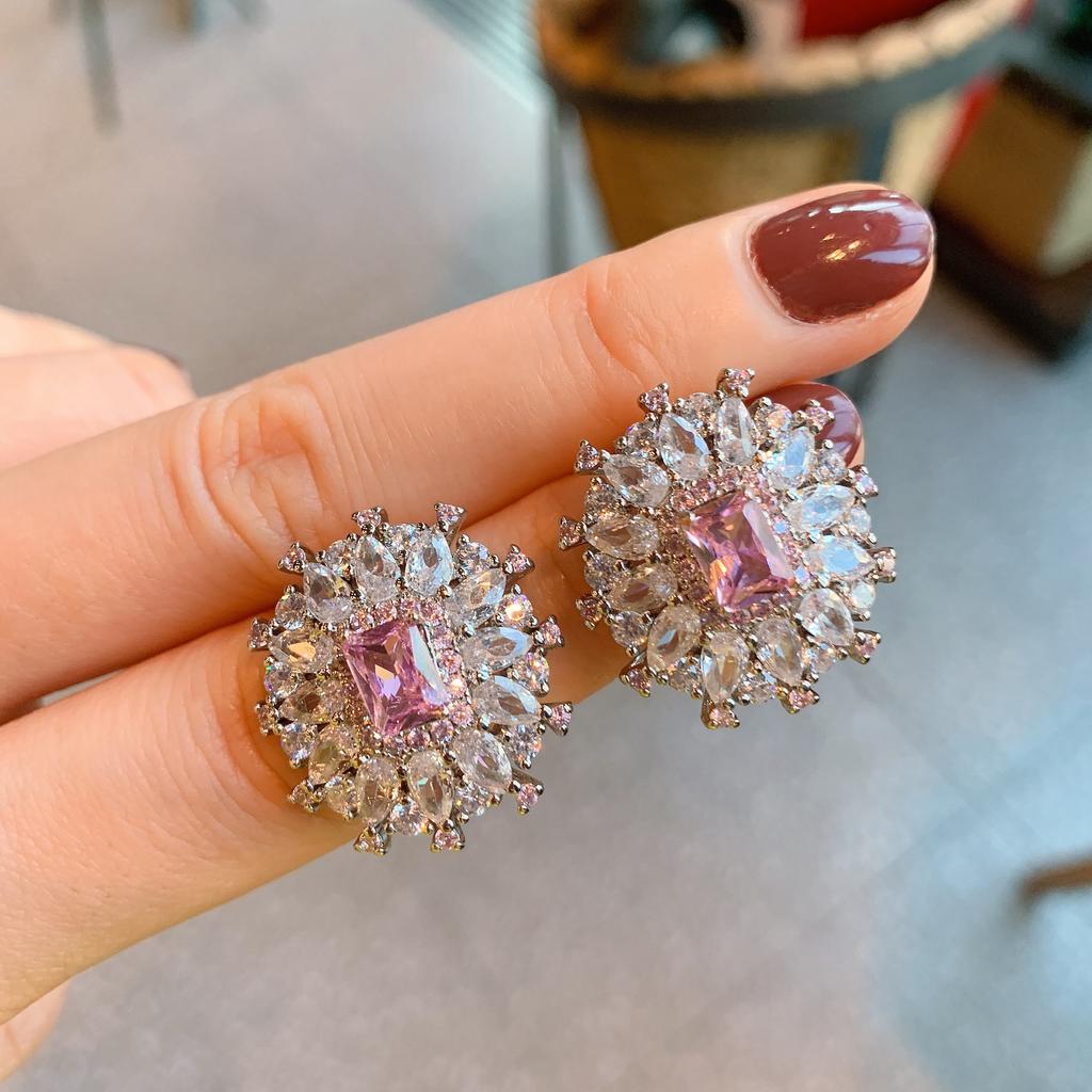 S925 Серебряная игла, имитация ювелирных изделий, комплект аксессуаров, серьги-гвоздики с розовыми бриллиантами, ожерелье, модное кольцо с цирконием