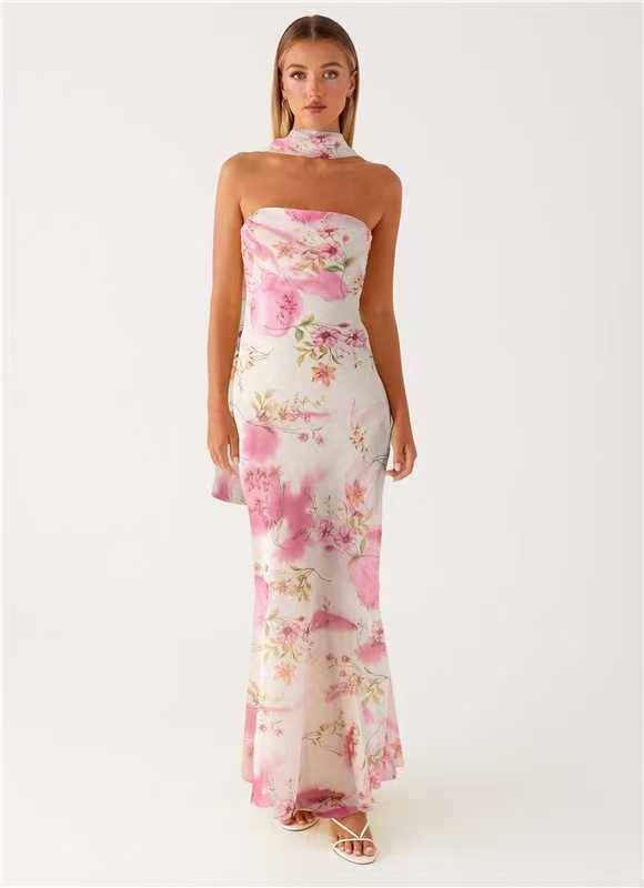 French Floral Chiffon Maxi Dress With Zipper For Summer Beach Vacation