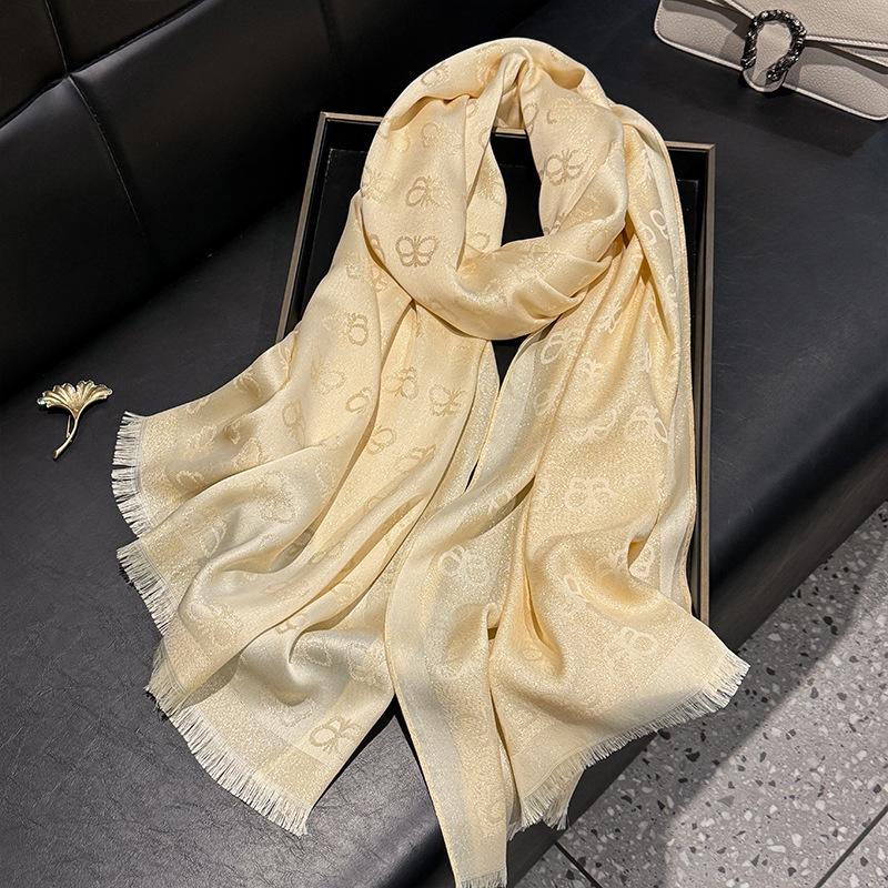New Imitation Silk Fashionable Elegant High-end Long Silk Scarf Short Beard Shawl Long Scarf Tensile Cotton Gold Silk Scarf