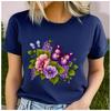 Unisex Polyester 100% T-Shirt with Floral And Butterfly Illustration Loose round Neck Casual Short Sleeve Fashion Top for Summer