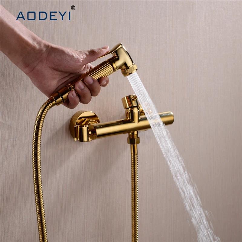 Solid Brass Toilet Handheld Bidet Spray Shower Sprayer Set With Hot and Cold Mixer Valve Chrome & Gold