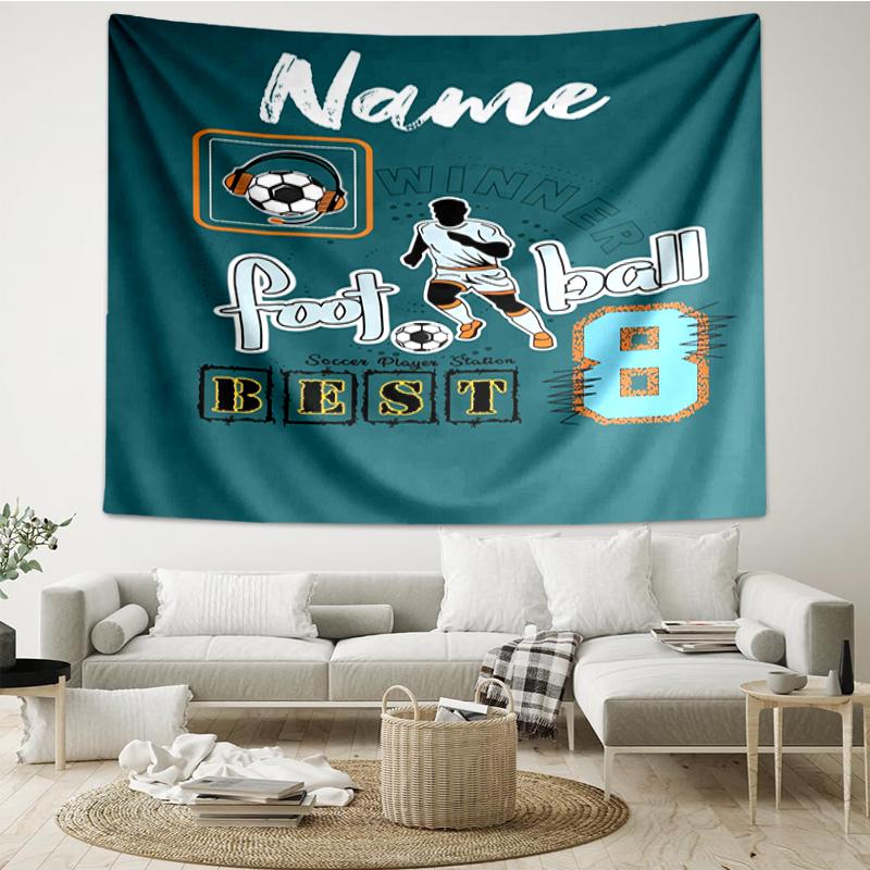 Custom Name Soccer Print Tapestry, Backdrop, Easy Setup, Ideal for Bedroom, Office & Living Room, with Aesthetic Wall Hanging Decor.
