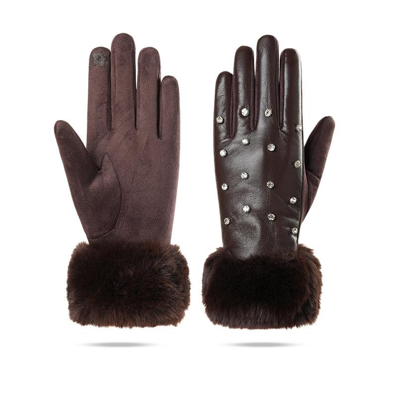 Warm gloves women's autumn and winter PU leather velvet thickened diamond-encrus screen outdoor cycling gloves