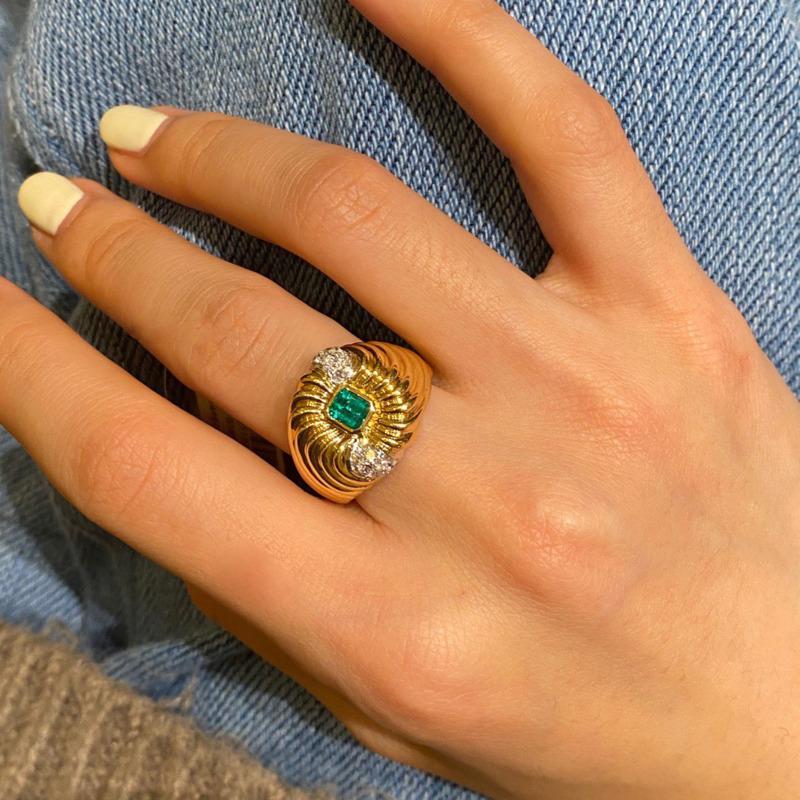 Medieval Vintage Forest Breath French Texture Plating 18K Gold Diamond Imitation Emerald Ring Girl