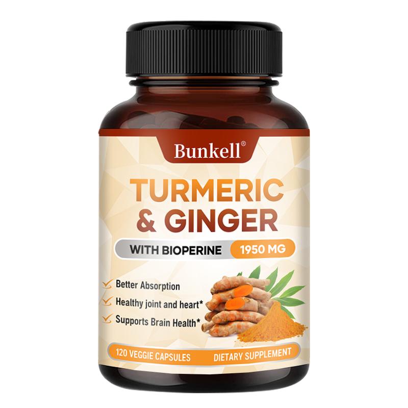 Turmeric Ginger Capsules 1950mg with Black Pepper Extract, 120 Vegan Veggie Capsules Dietary Supplement