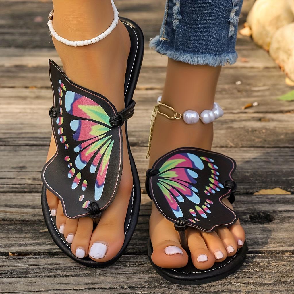Women's Butterfly Shaped Thong Sandals, Slip On Soft Sole Lightweight Casual Flats, Non-slip Summer Beach Slides