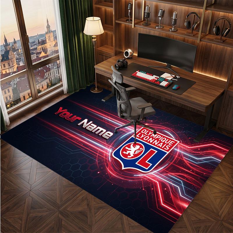 Lyon FC Custom Crystal Velvet Rug, Personalized Name Text Print, Football Logo Soft Non‑Slip Floor Mat Home Decor Gift
