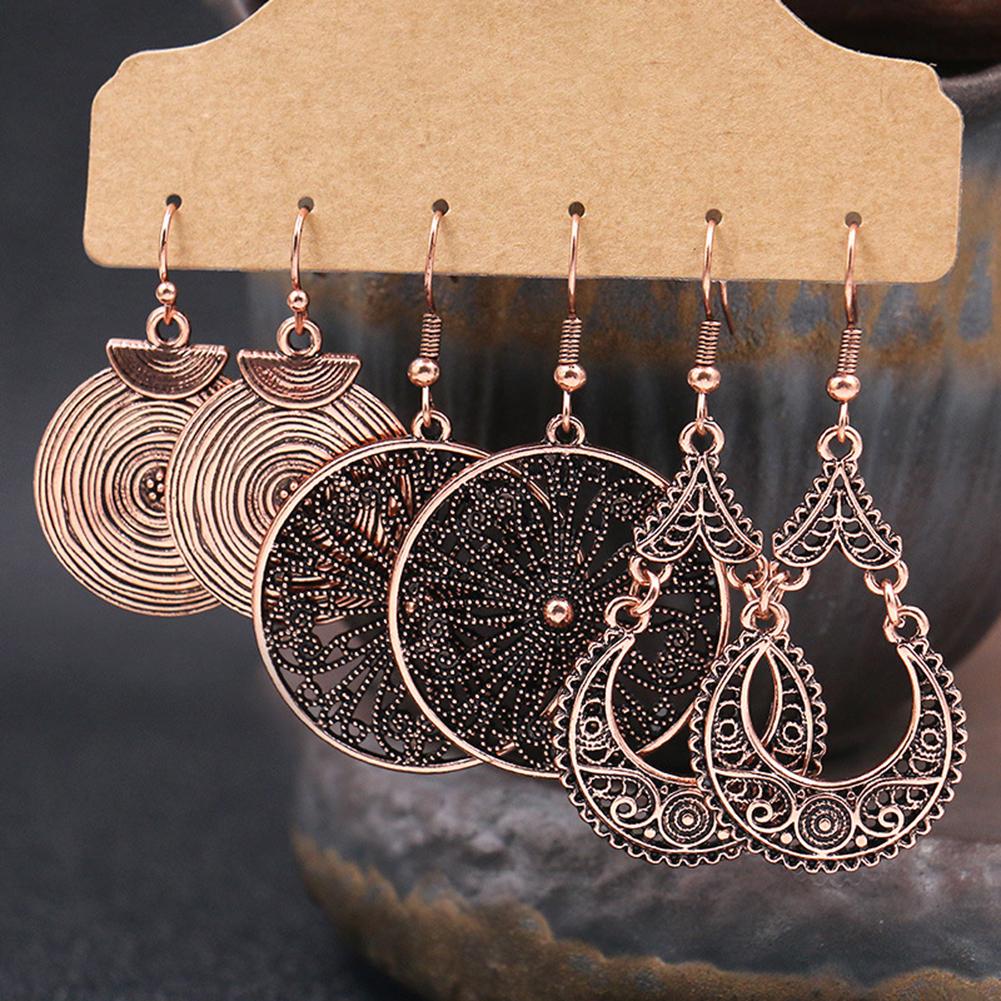 Fashion Bracelet 3Pairs Boho Gypsy Women Feather Round Hollow Dangle Hook Earrings Party Jewelry