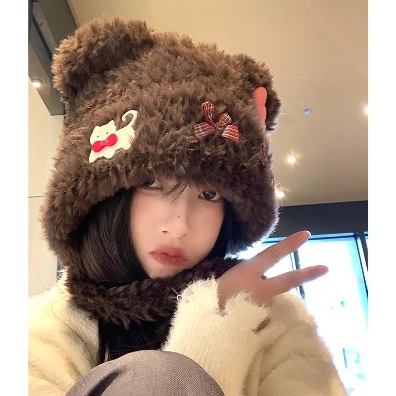 Cute Bow Bear Cat Plush Hat Female Autumn and Winter Show Small Face Warm Ear Protection Big Head Circumference Hat