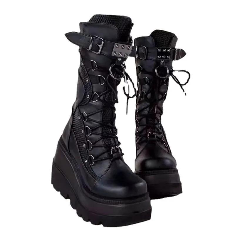 Women High Boots Cosplay Mid-calf Boots High Platform Wedges Boots 2025 Summer Autumn New Designer Gothic Shoes for Women Botas