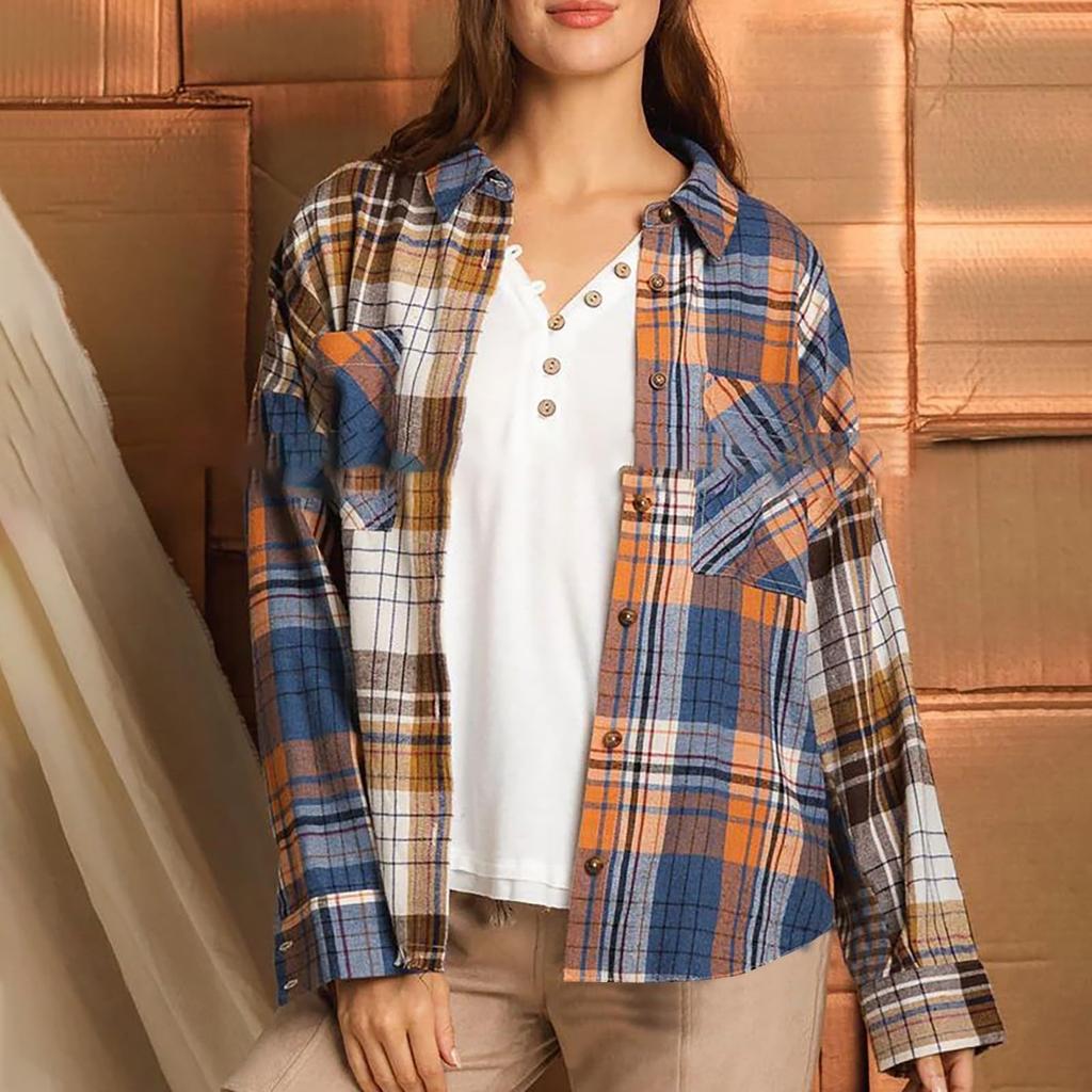 Женская модная клетчатая рубашка с длинным рукавом и карманом на пуговицах