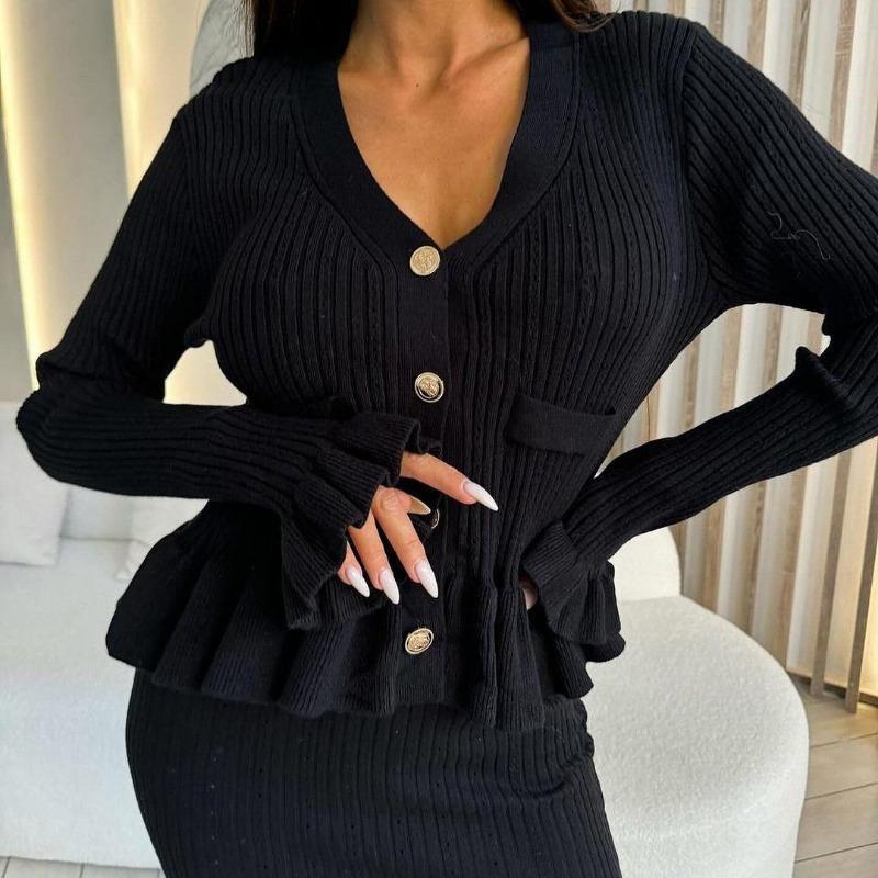 Ruffled Knitted Maxi Dress Women's Solid V-Neck Cutout Party Dress Elegant Patchwork Long Sleeve Female Knitwear Dress