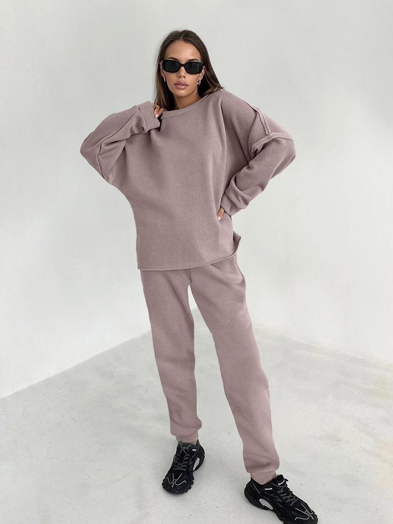 2023 Pink Sport Fleece Sweatshirt & High Waist Sweatpants Set - European & American Autumn Fashion for Women