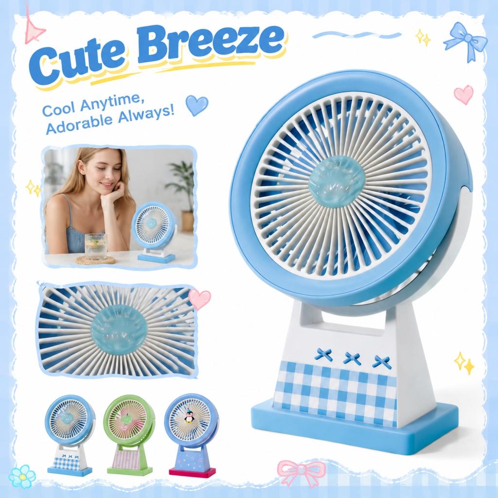 Portable Rechargeable Mini Fan with Cartoon Design Compact Small Desk Fan USB Powered Adjustable Angle for Personal Use