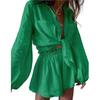 2Pcs/Set Lantern Long Sleeve Pockets Single Breasted Women Outfit Lapel Shirt Ruffle Wide Leg Shorts Set