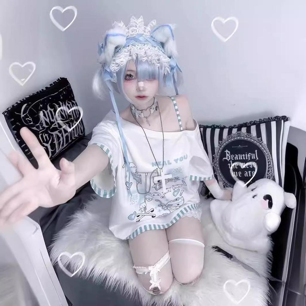 Футболка Y2K Миллениал с принтом, на одно плечо, светло-голубая с полосками котенка - Женский свободный топ