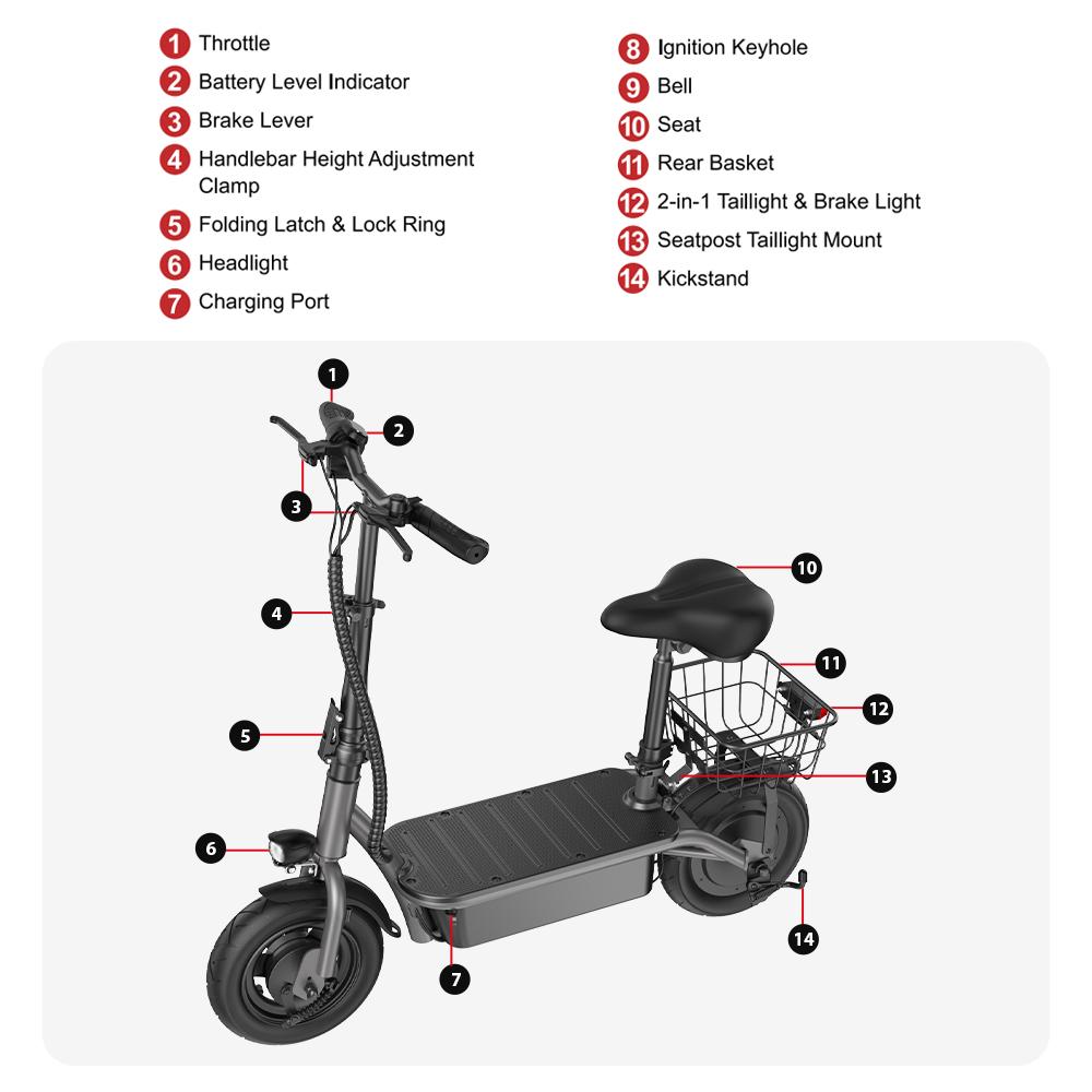 iScooter Electric Scooter F2 Adult Shopping Scooter 500W 30km/h Max Load 120KG 10 Inch Folding Light Weight with Seat and Basket