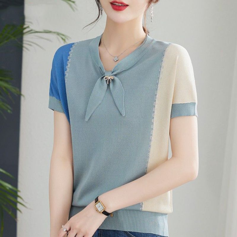 Women's Summer Knitted Shirt Thin Ice Silk T-shirt Knitted Short Sleeve Contrast Color Western Style Top