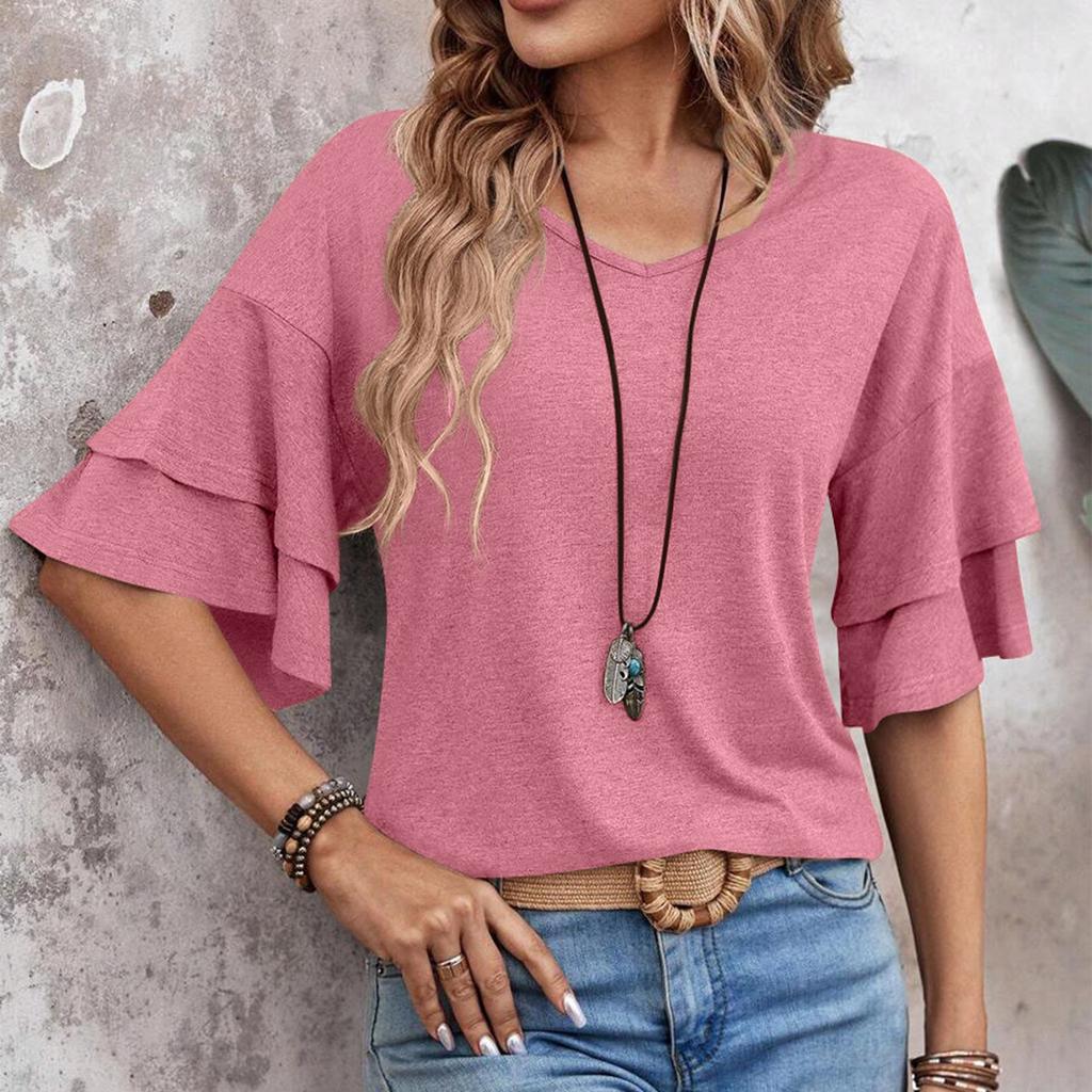 Модная и сексуальная женская двухслойная футболка с короткими рукавами и рюшами