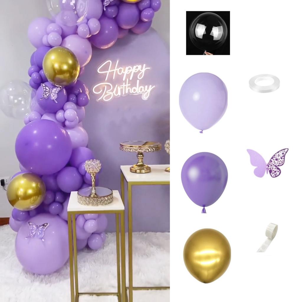 91Pcs Purple Balloons Garland Arch Kit Latex Metallic Balloon Paper Butterfly for Women Birthday Party Decor Supplies