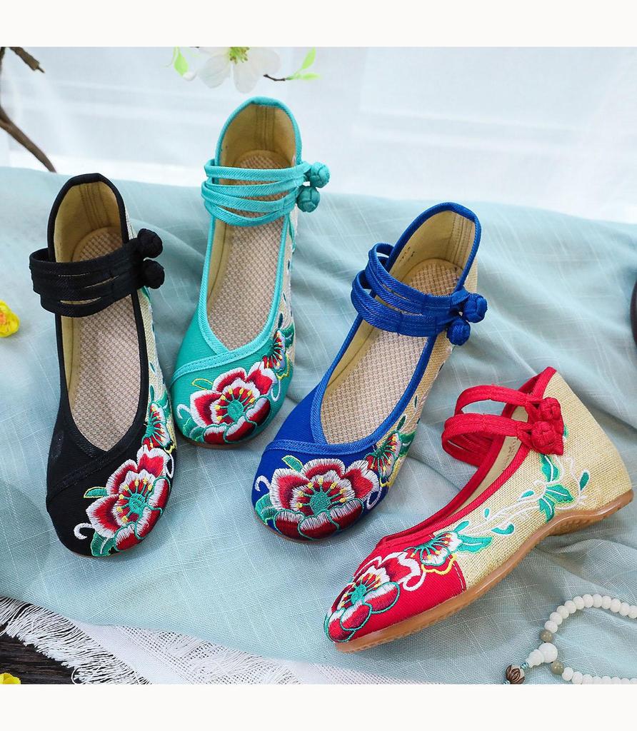 Chinese Embroidered Hibiscus Flowers Cloth Shoes Women's Shoes and Linen Tendon Soles