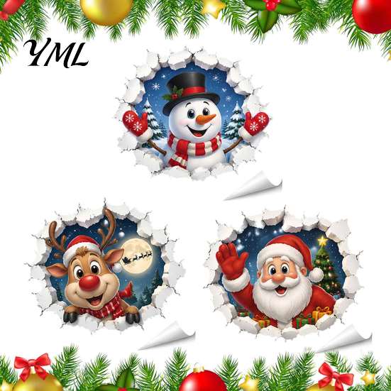 Removable Wall Stickers 3D Christmas Stickers, Self?Adhesive PVC Decals, Reindeer Santa Festive Home Decoration Gingerbread Snowman Xmas Decor