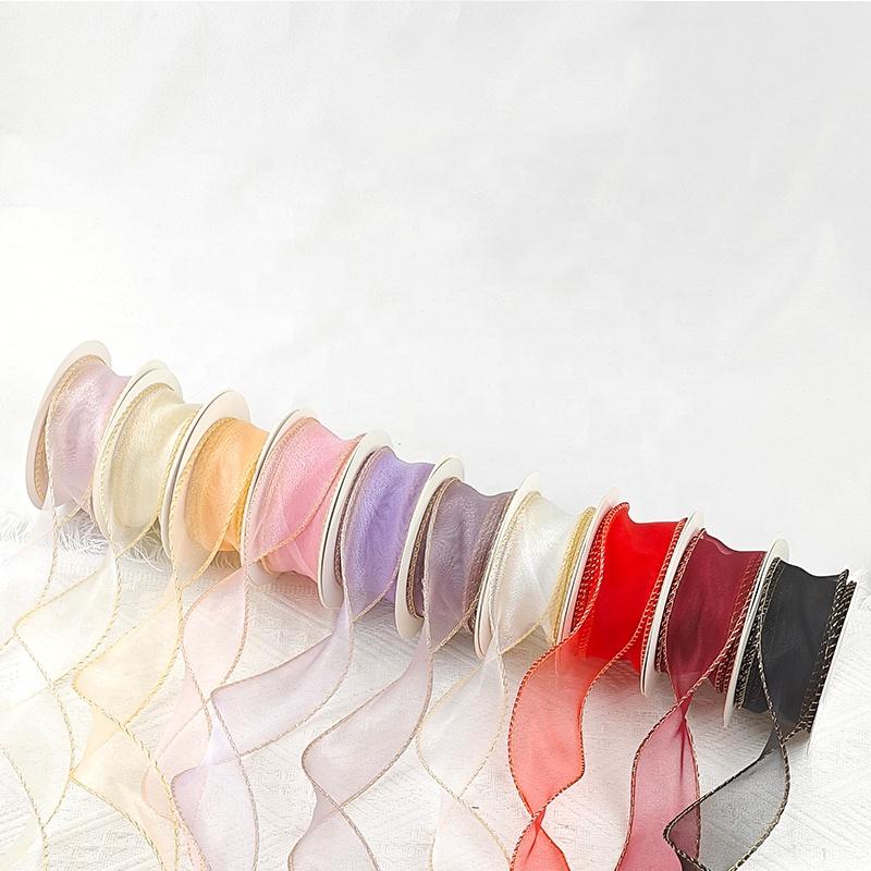Custom Hologram Sheer Chiffon Polyester White Pink Yellow Organza Ribbon Spool for Wedding Bouquets Wrapping