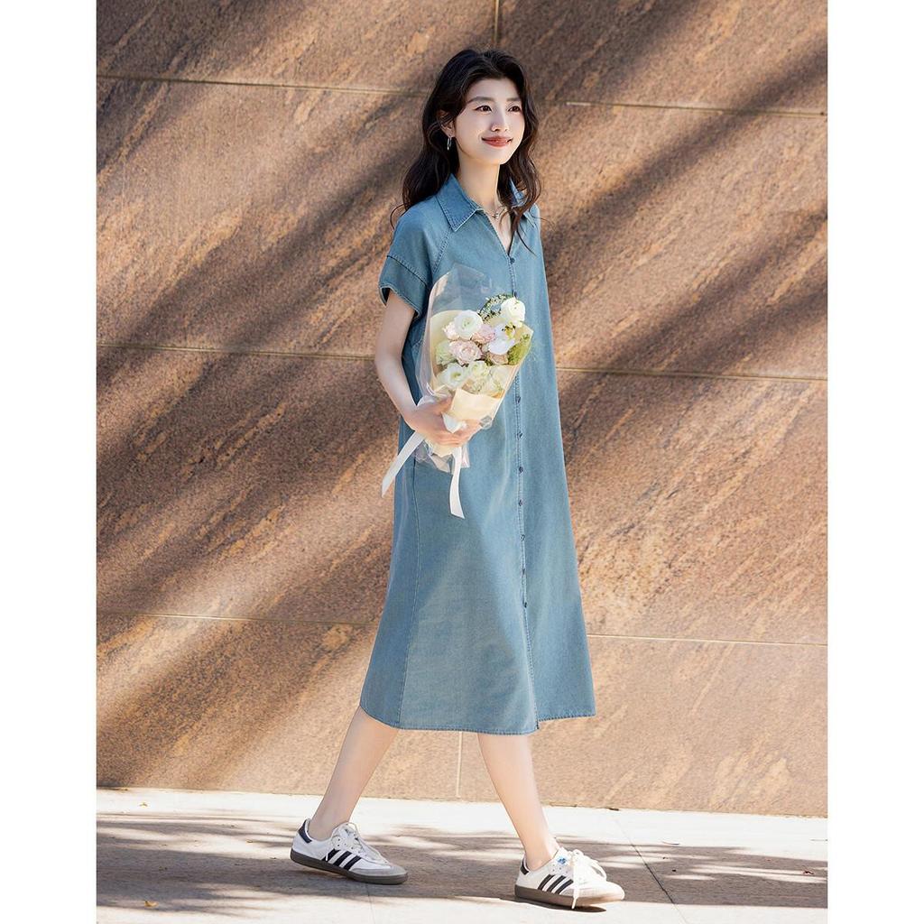 Dme Practical Summer Simple Style Lapel Cloud Cotton Loose Comfortable Short Sleeve Women's Denim Dress