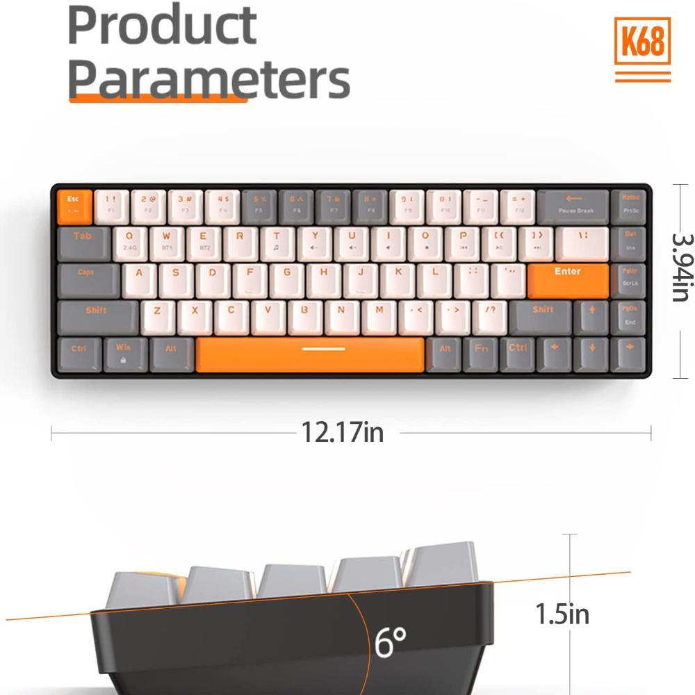 60% Wireless Mechanical Keyboard Bluetooth Dual Mode Hot-Swappable Mini 68-Key Red Switch for PC PS4 Xbox iPhone iPad