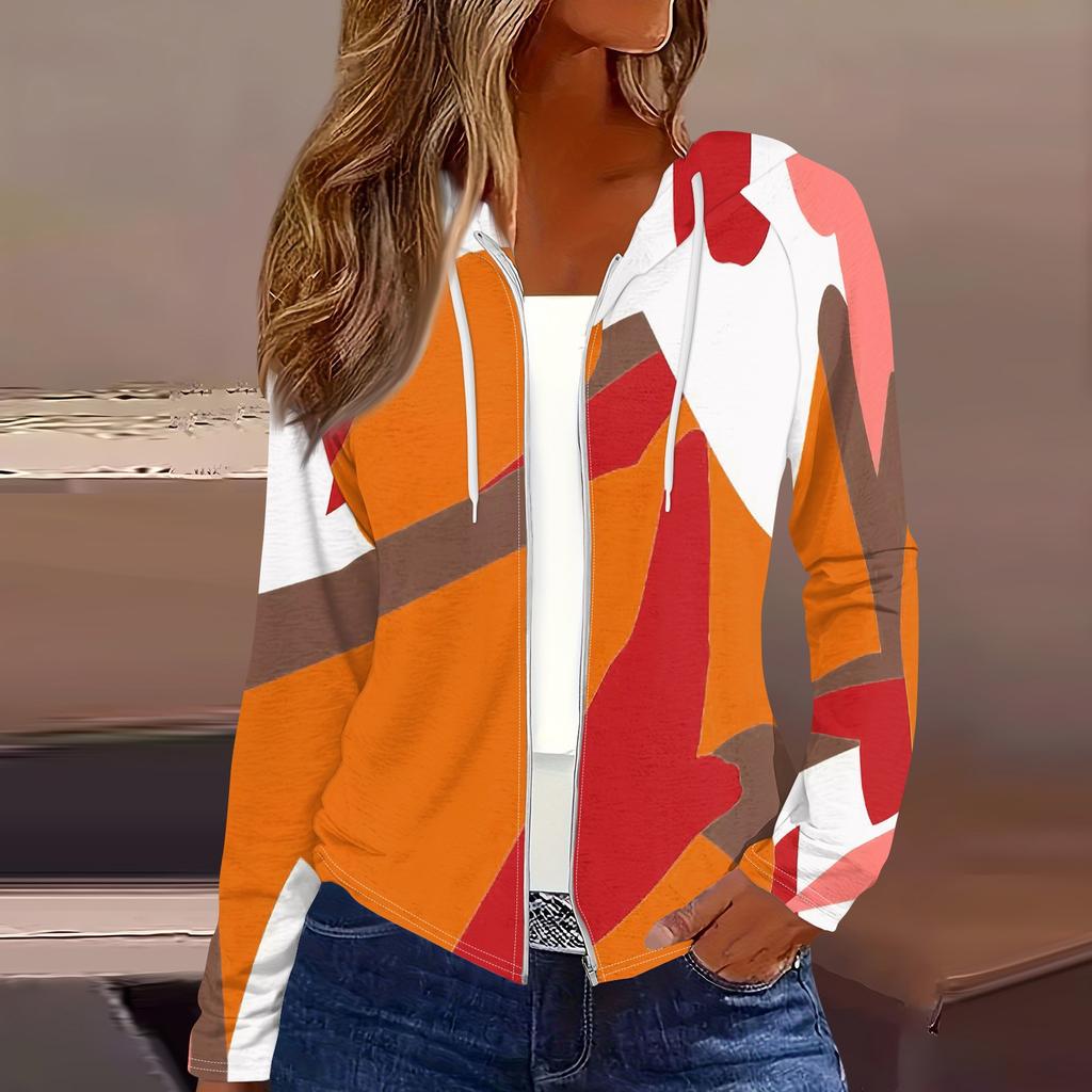 Women's Fashion Casual Zip Up Hooded Print Long Sleeve Sweatshirts Coat