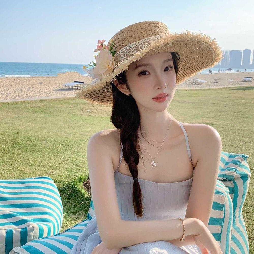 Fashion Tassel Edge Lace Flower Straw Hat Wide Brim Boho Weave Flat Cap Korean Style Visor Beach Hat Summer