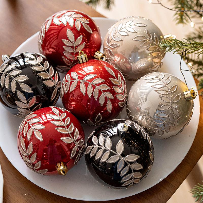 6PCS 8cm Boxed Christmas Balls Painted Balls Hanging Ball Pendants Handmade Pearl Willow Leaf Balls Christmas Tree Decoration Pendants