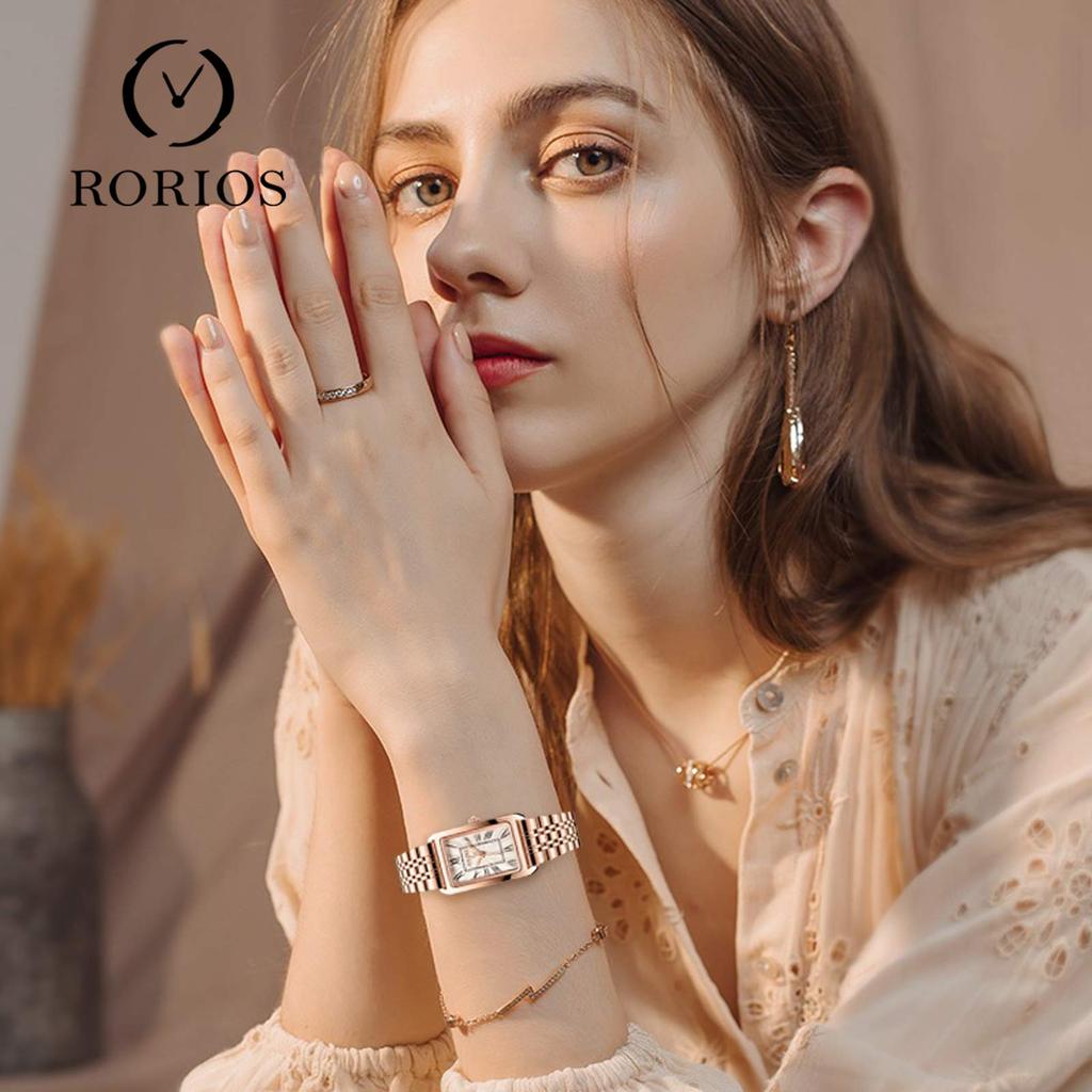 RORIOS watch women's watch life waterproof square face Japanese movement quartz stainless steel band popular casual commuting school time white
