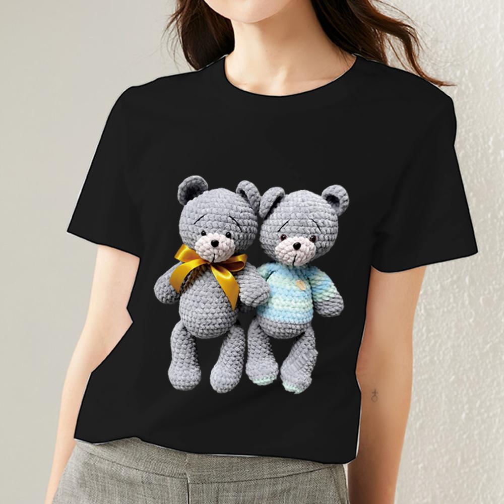Летние женские футболки Kawaii с рисунком плюшевого мишки, женские топы, женские черные универсальные футболки с круглым вырезом и короткими рукавами, одежда