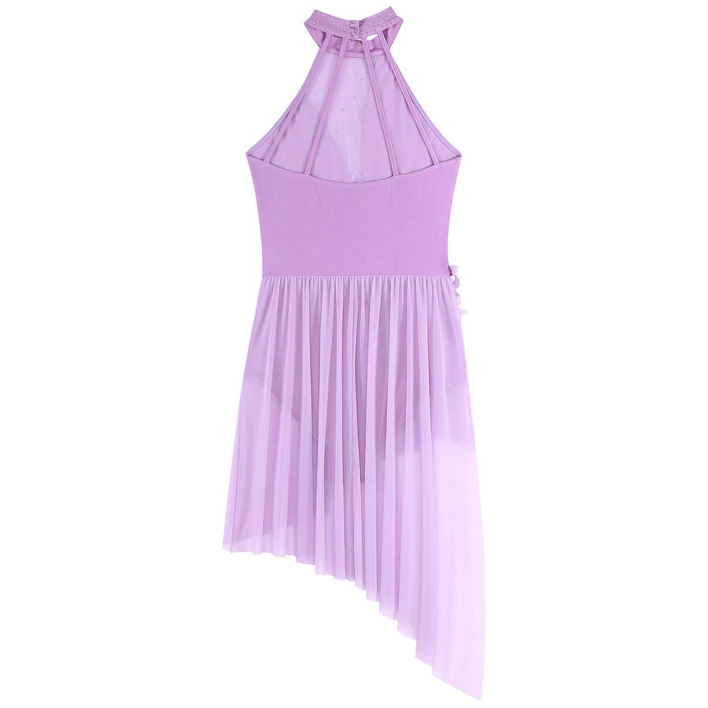 Женские балетные лирические танцевальные платья для фигурного катания, бретелька через шею, асимметричный подол, блестящие стразы, купальник